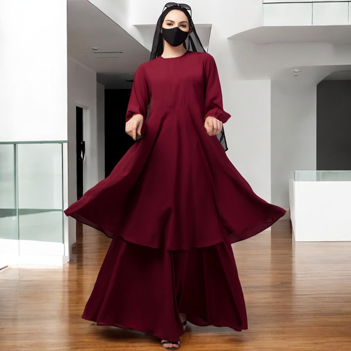 Modest Co-ord Set: Designer Loose Fit Top with Frills and Flared Skirt