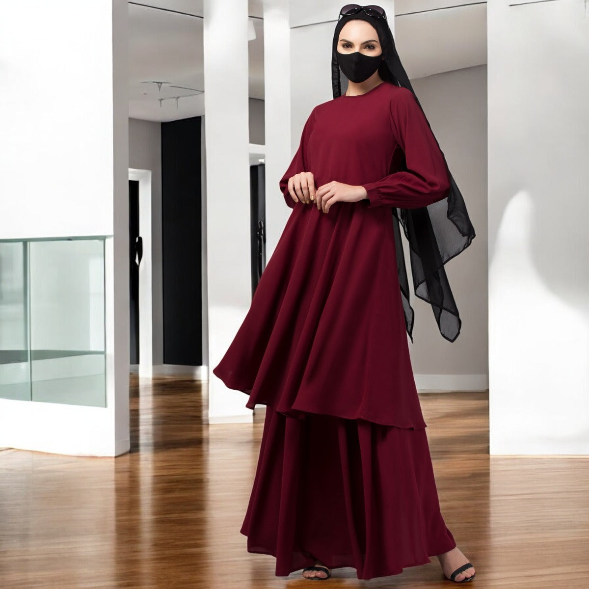 Modest Co-ord Set: Designer Loose Fit Top with Frills and Flared Skirt