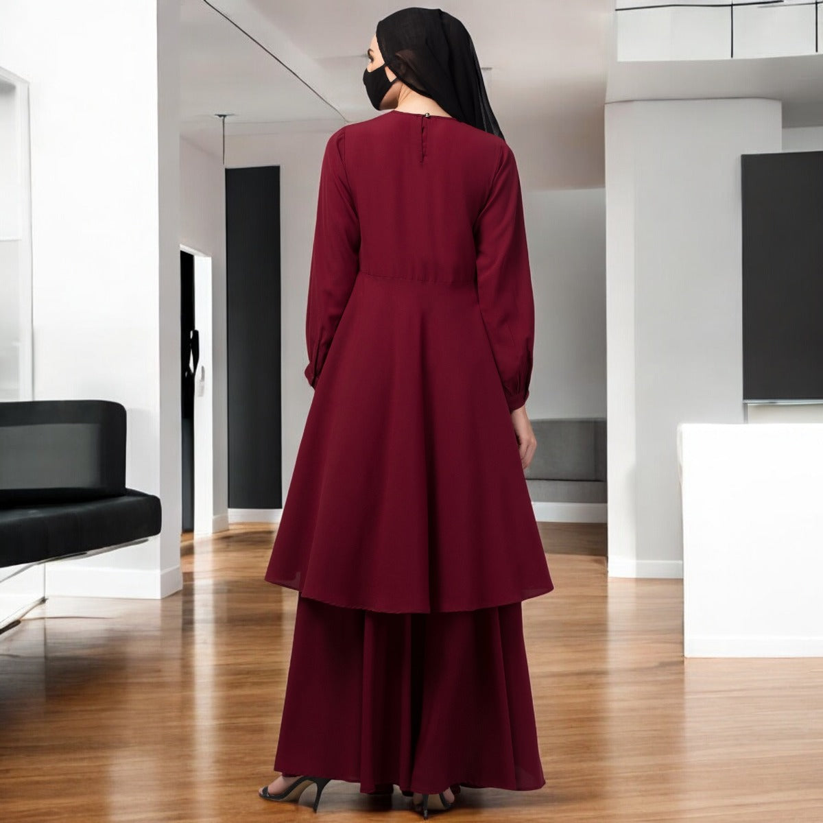 Modest Co-ord Set: Designer Loose Fit Top with Frills and Flared Skirt