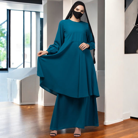 Modest Co-ord Set: Designer Loose Fit Top with Frills and Flared Skirt