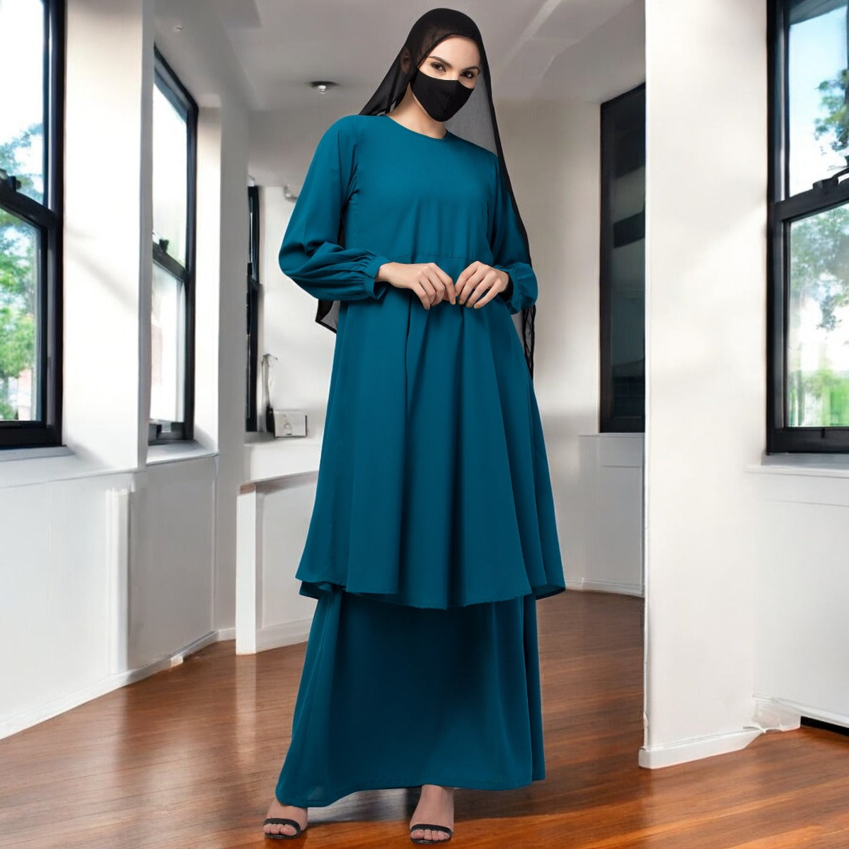 Modest Co-ord Set: Designer Loose Fit Top with Frills and Flared Skirt