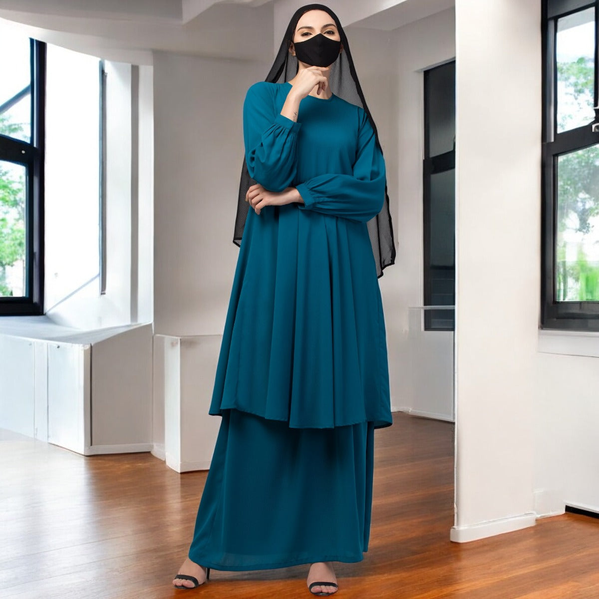 Modest Co-ord Set: Designer Loose Fit Top with Frills and Flared Skirt