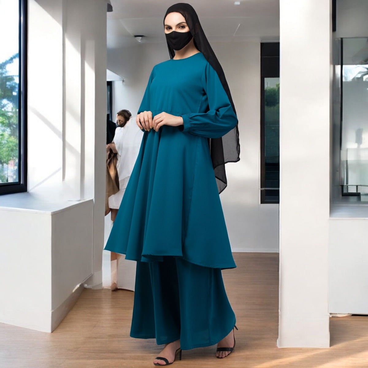 Modest Co-ord Set: Designer Loose Fit Top with Frills and Flared Skirt