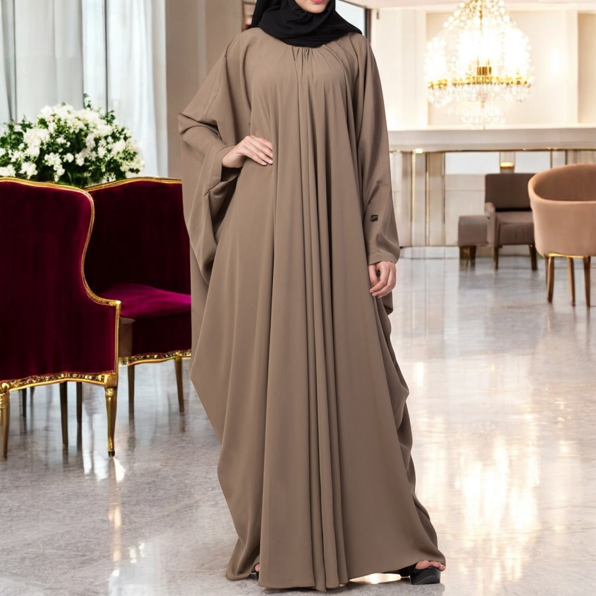 Simple Yet Elegant Islamic Kaftan Abaya With Pleats On Neck