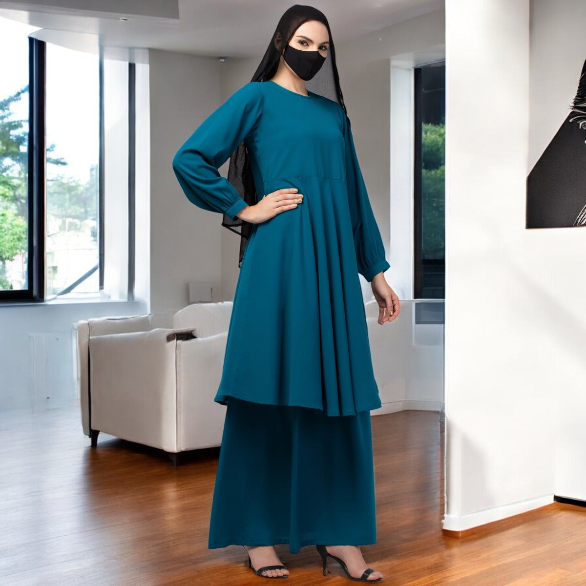 Modest Co-ord Set: Designer Loose Fit Top with Frills and Flared Skirt