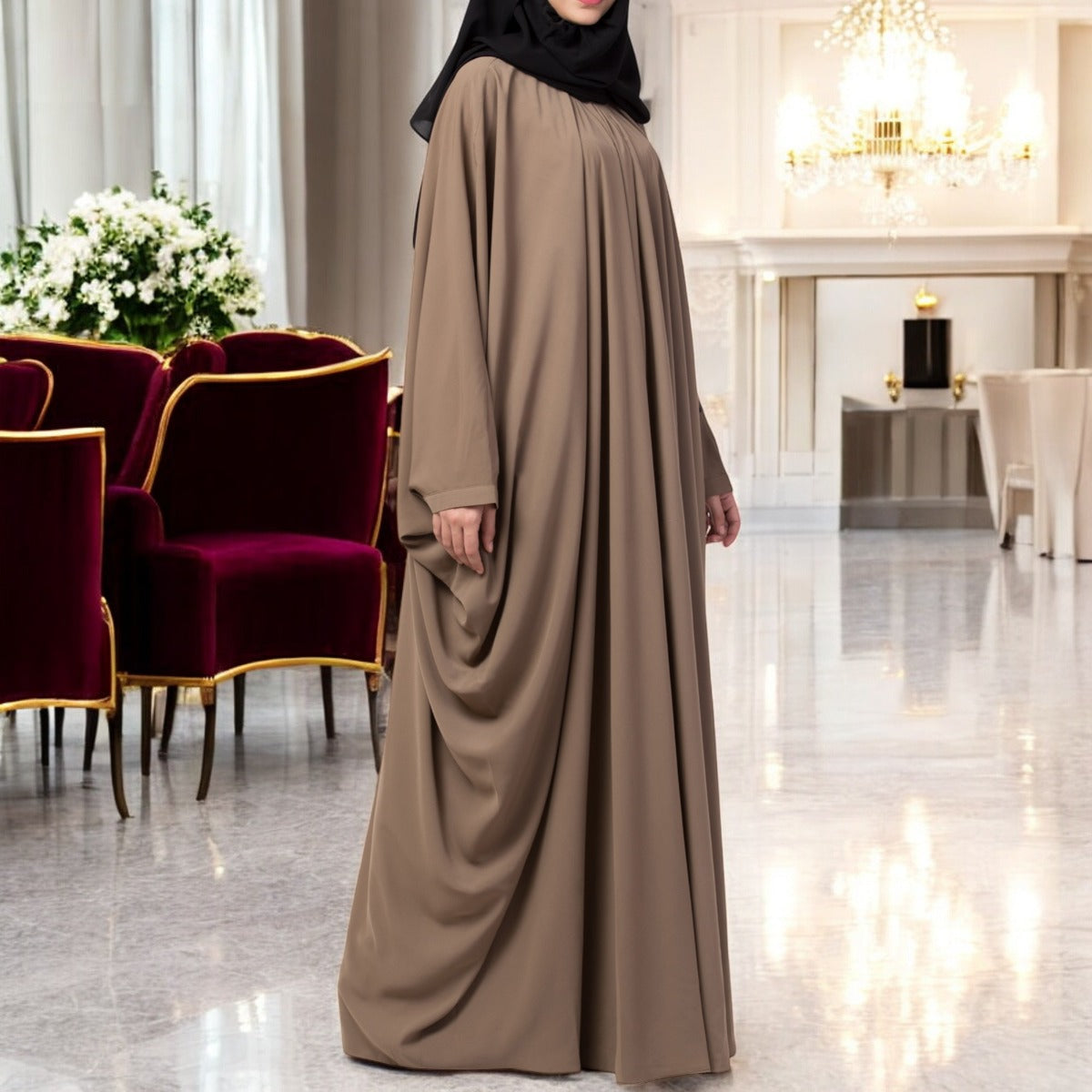 Simple Yet Elegant Islamic Kaftan Abaya With Pleats On Neck