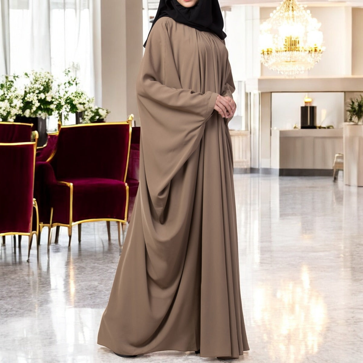 Simple Yet Elegant Islamic Kaftan Abaya With Pleats On Neck