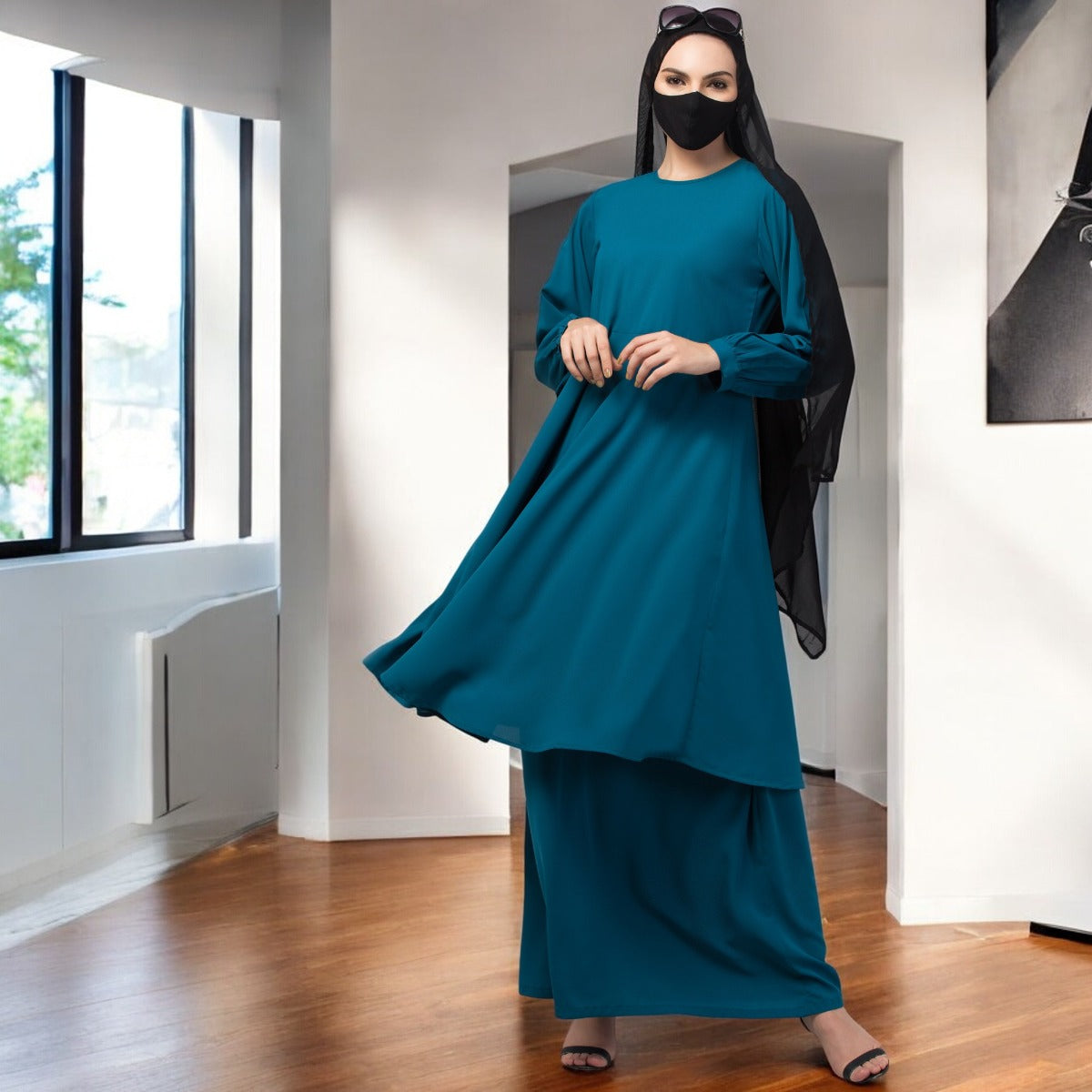 Modest Co-ord Set: Designer Loose Fit Top with Frills and Flared Skirt