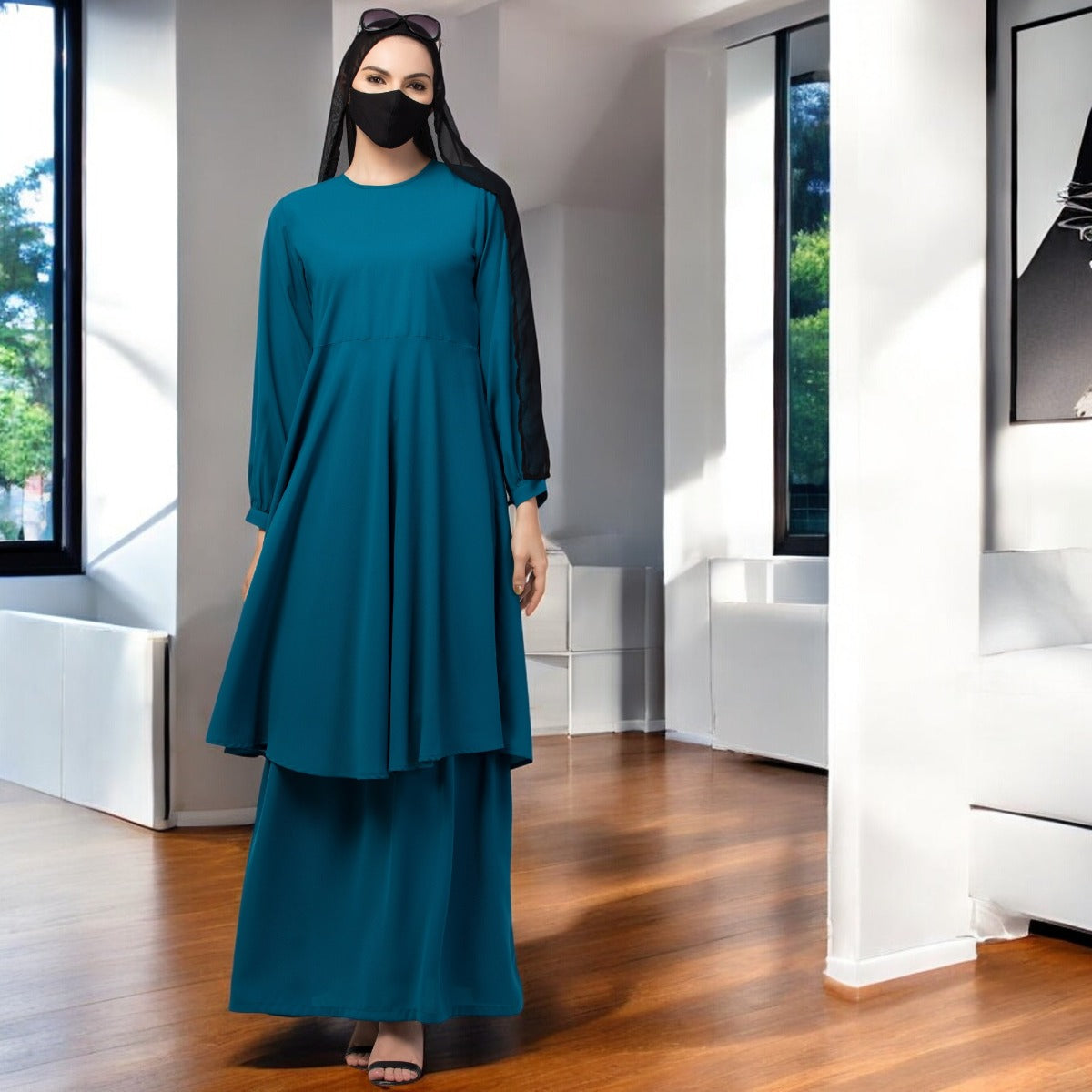 Modest Co-ord Set: Designer Loose Fit Top with Frills and Flared Skirt