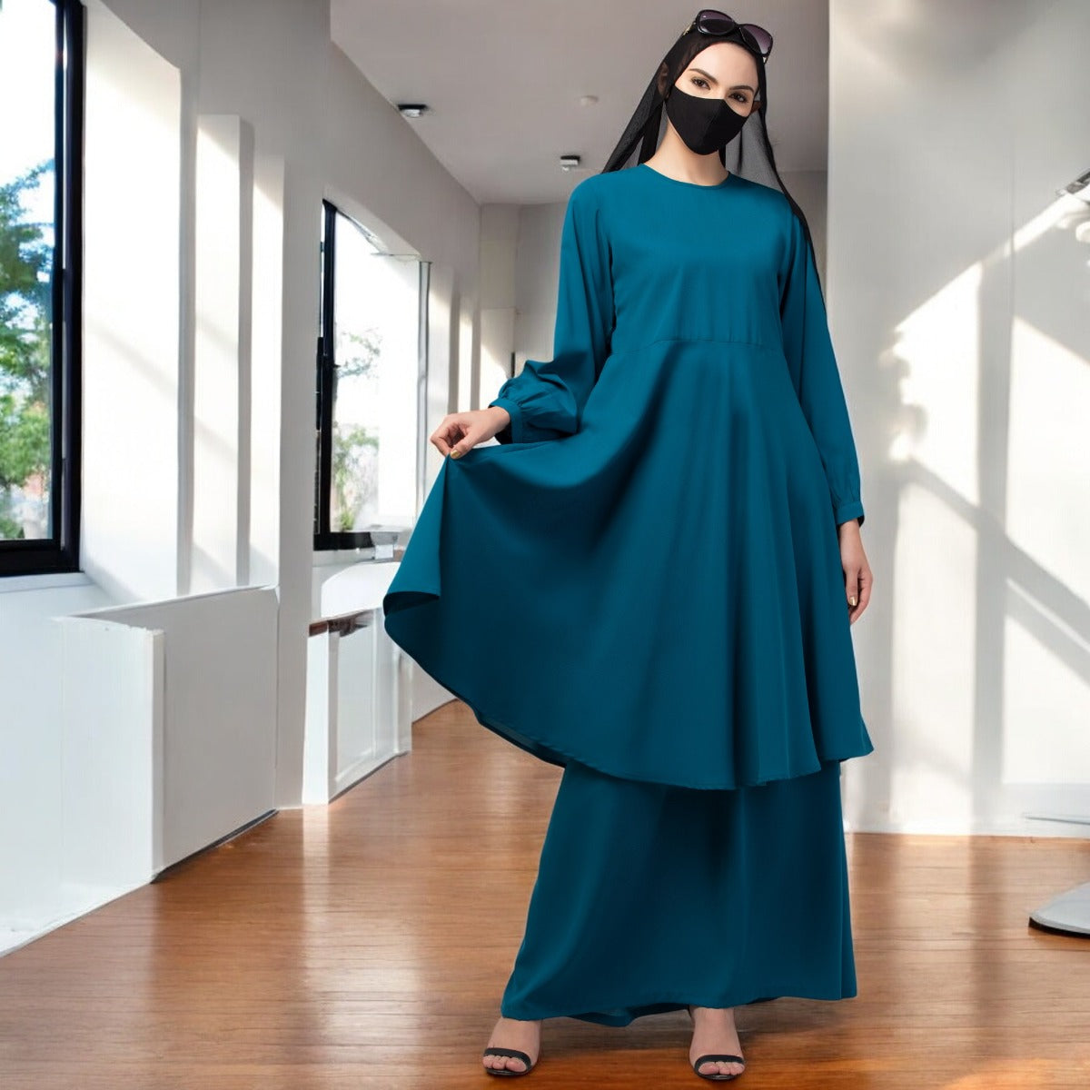 Modest Co-ord Set: Designer Loose Fit Top with Frills and Flared Skirt