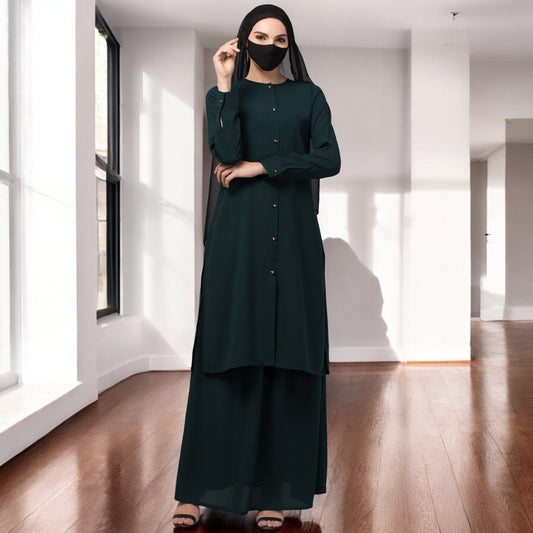 Modest Co-ord set: Front Open Long Top With Flared Skirt.