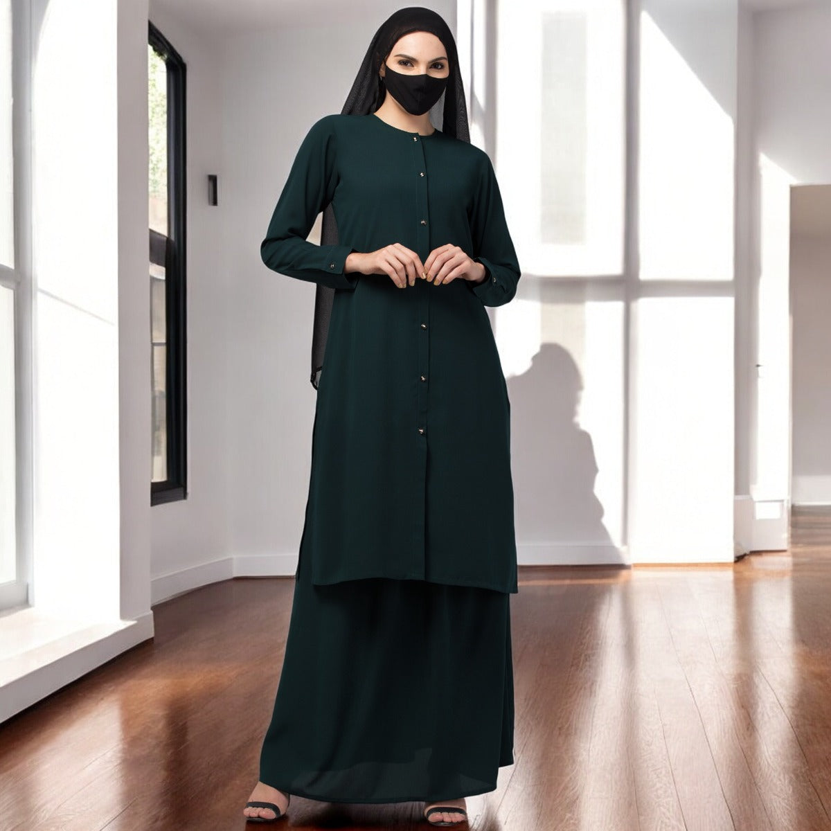 Modest Co-ord set: Front Open Long Top With Flared Skirt.