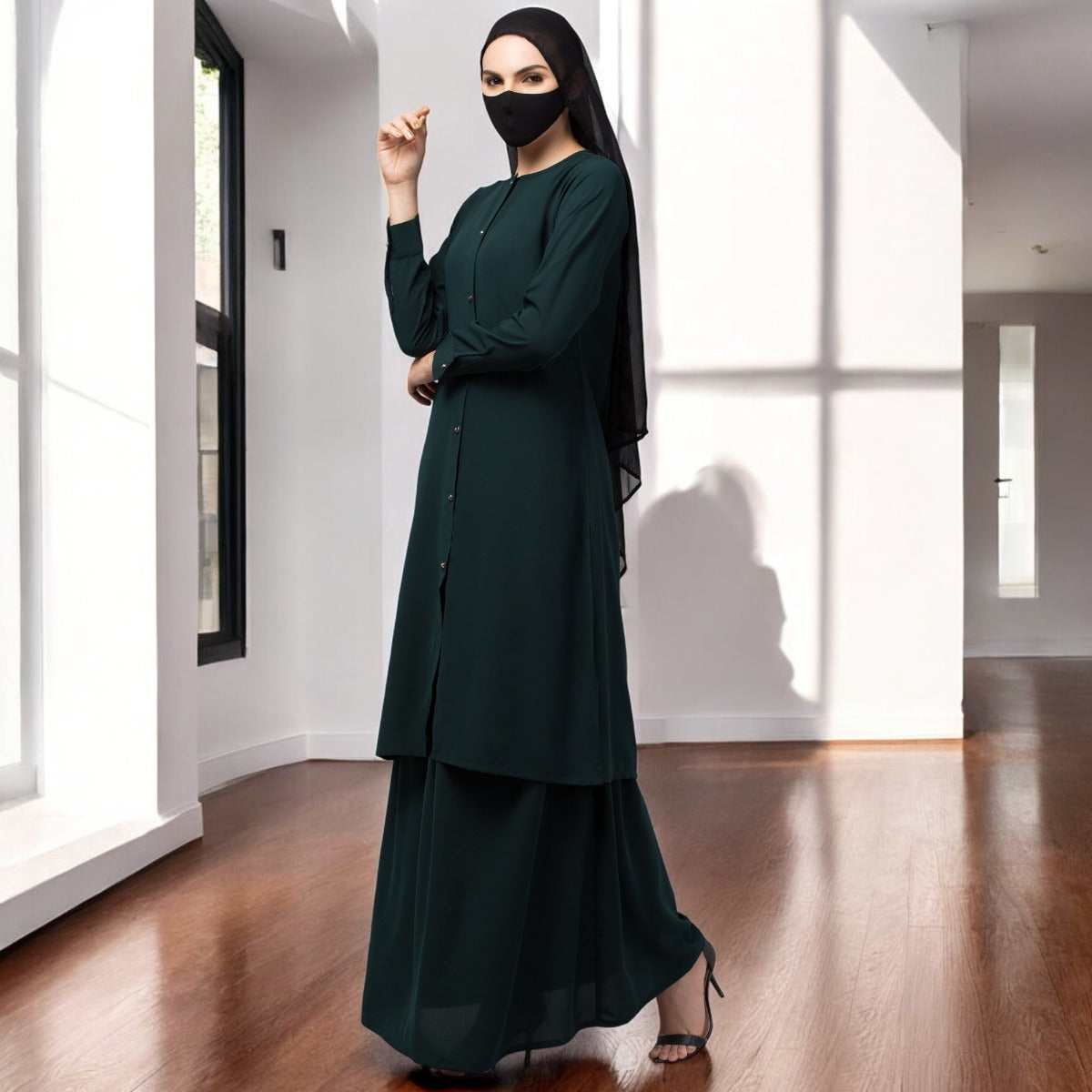 Modest Co-ord set: Front Open Long Top With Flared Skirt.