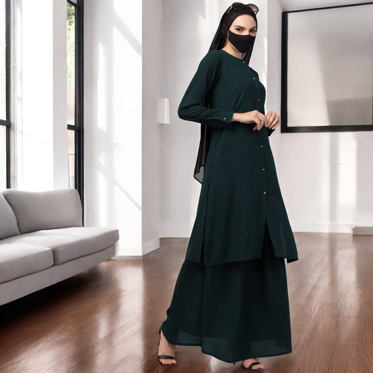 Modest Co-ord set: Front Open Long Top With Flared Skirt.