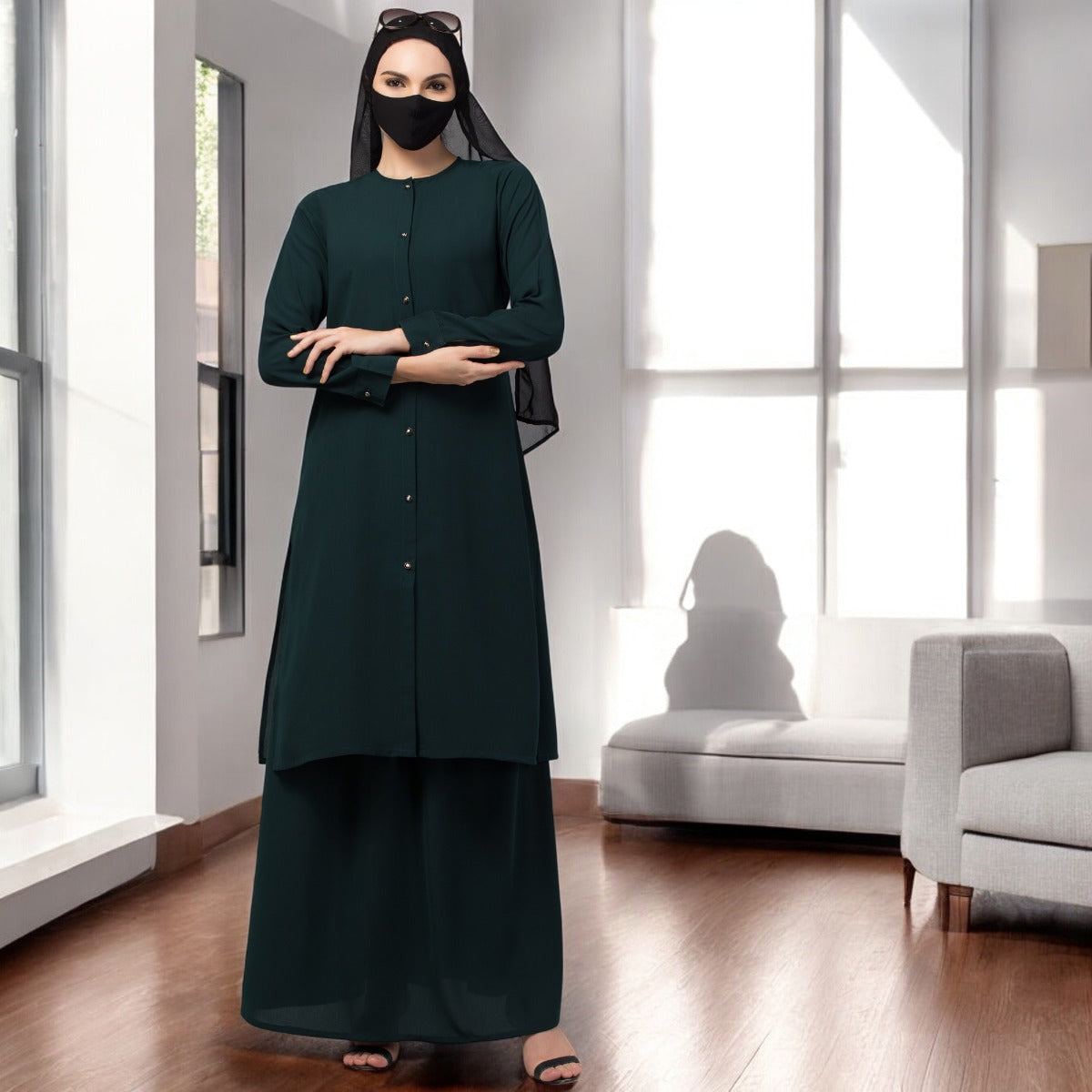 Modest Co-ord set: Front Open Long Top With Flared Skirt.
