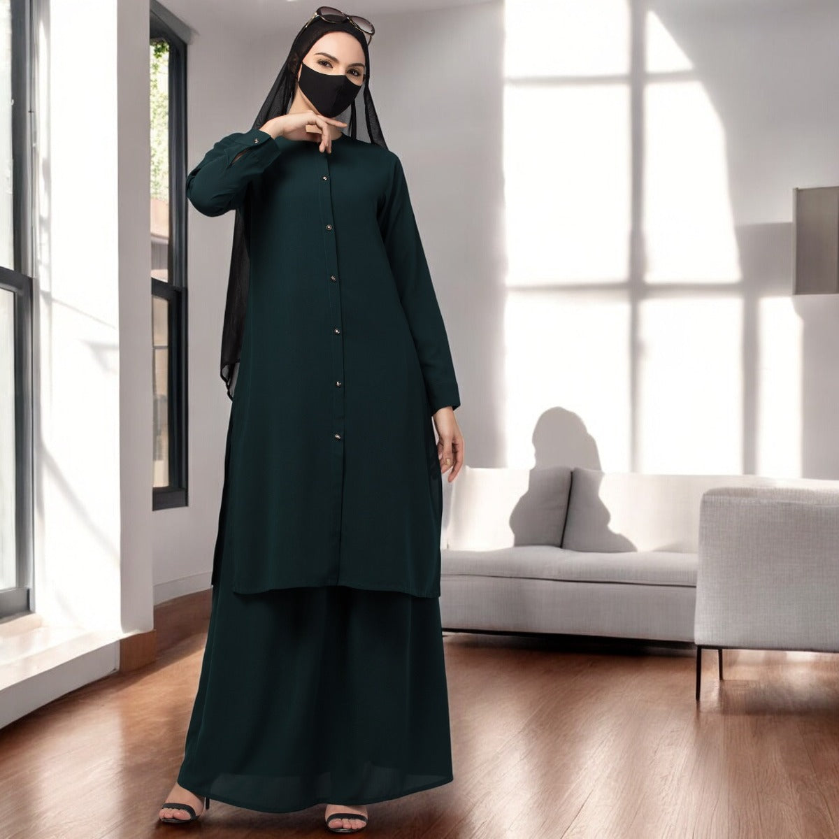 Modest Co-ord set: Front Open Long Top With Flared Skirt.