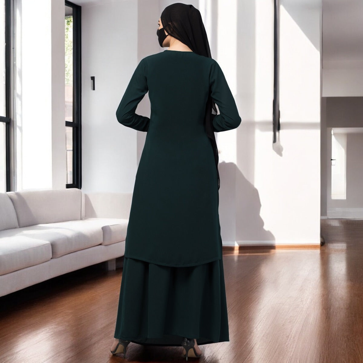 Modest Co-ord set: Front Open Long Top With Flared Skirt.