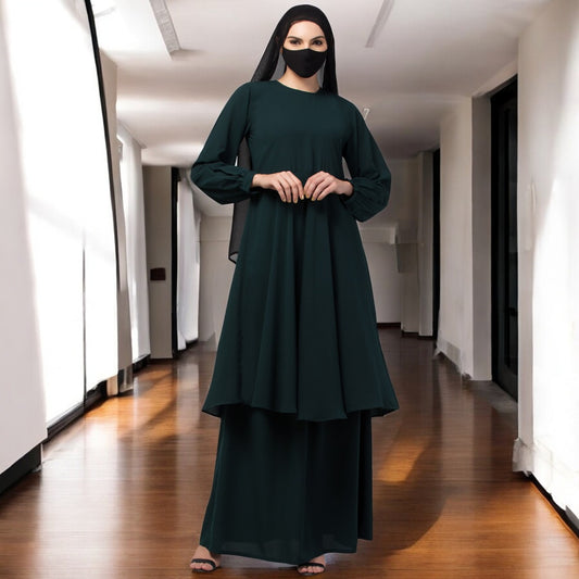 Modest Co-ord Set: Designer Loose Fit Top with Frills and Flared Skirt