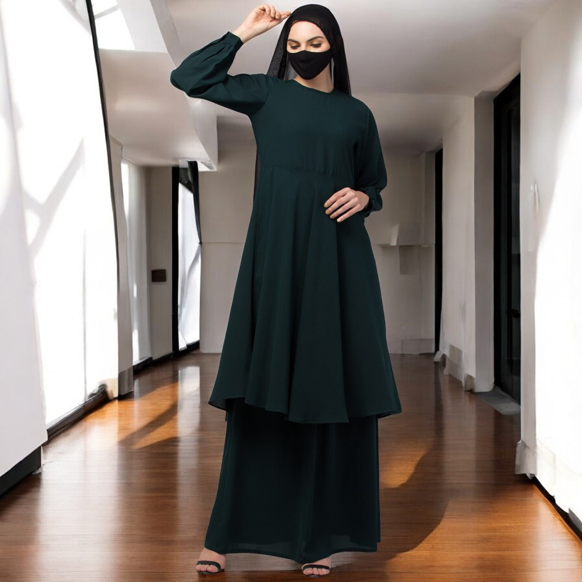 Modest Co-ord Set: Designer Loose Fit Top with Frills and Flared Skirt