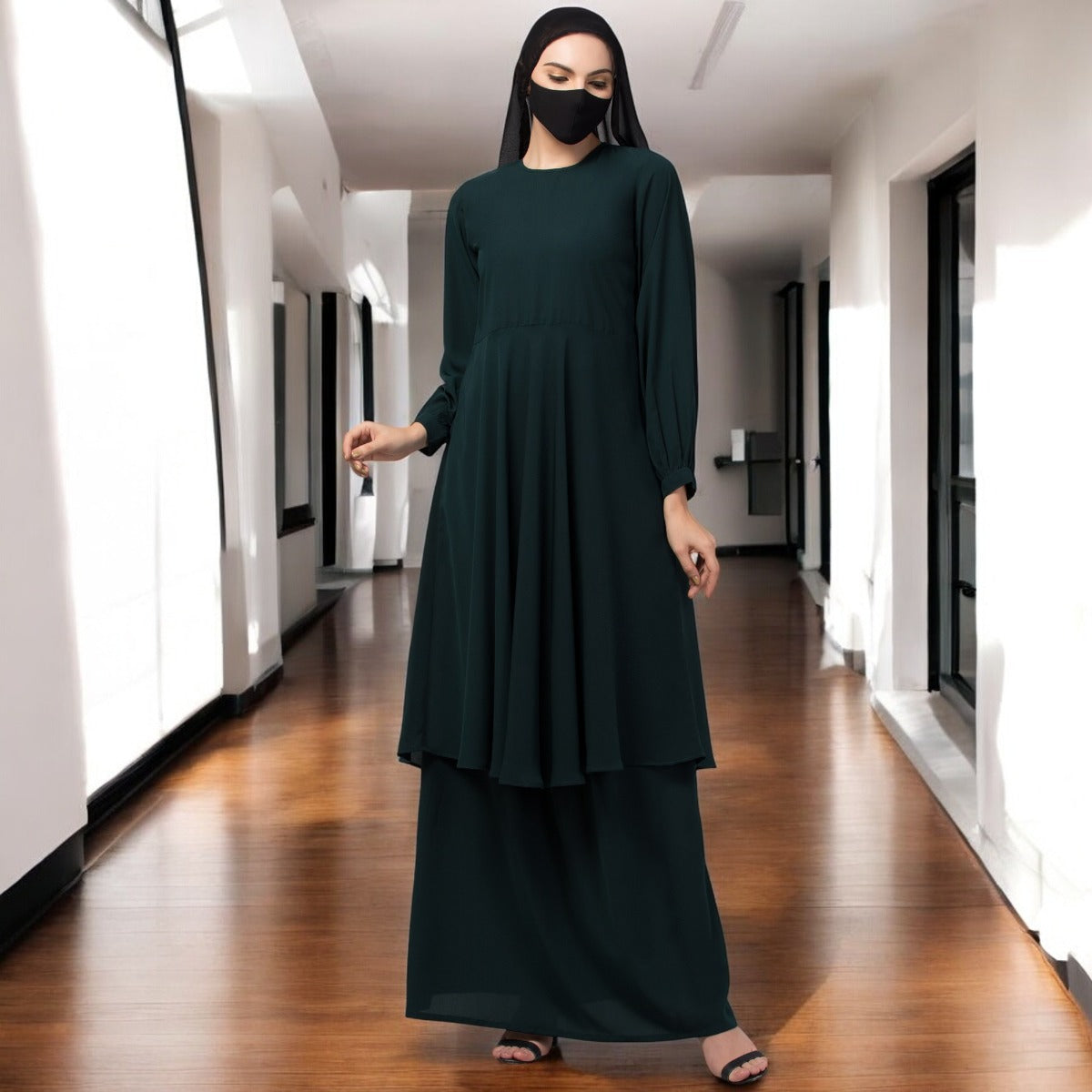 Modest Co-ord Set: Designer Loose Fit Top with Frills and Flared Skirt