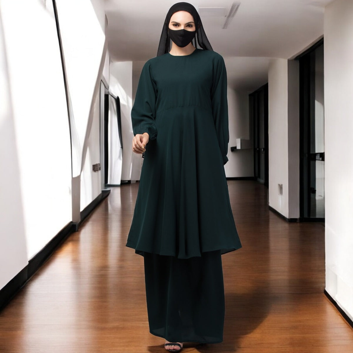 Modest Co-ord Set: Designer Loose Fit Top with Frills and Flared Skirt