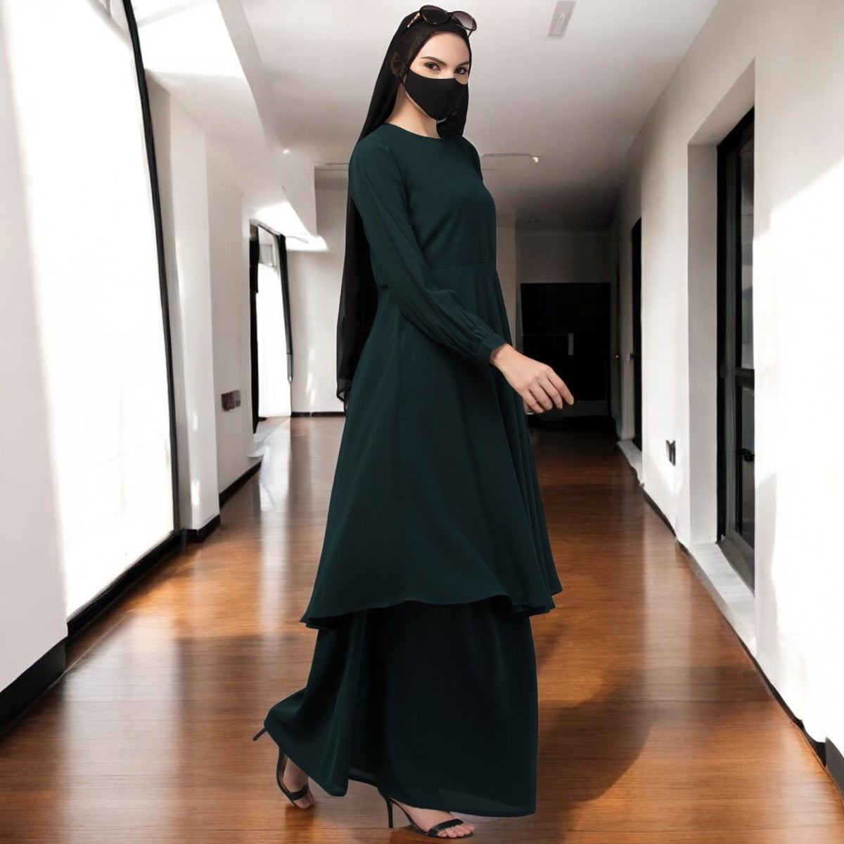 Modest Co-ord Set: Designer Loose Fit Top with Frills and Flared Skirt