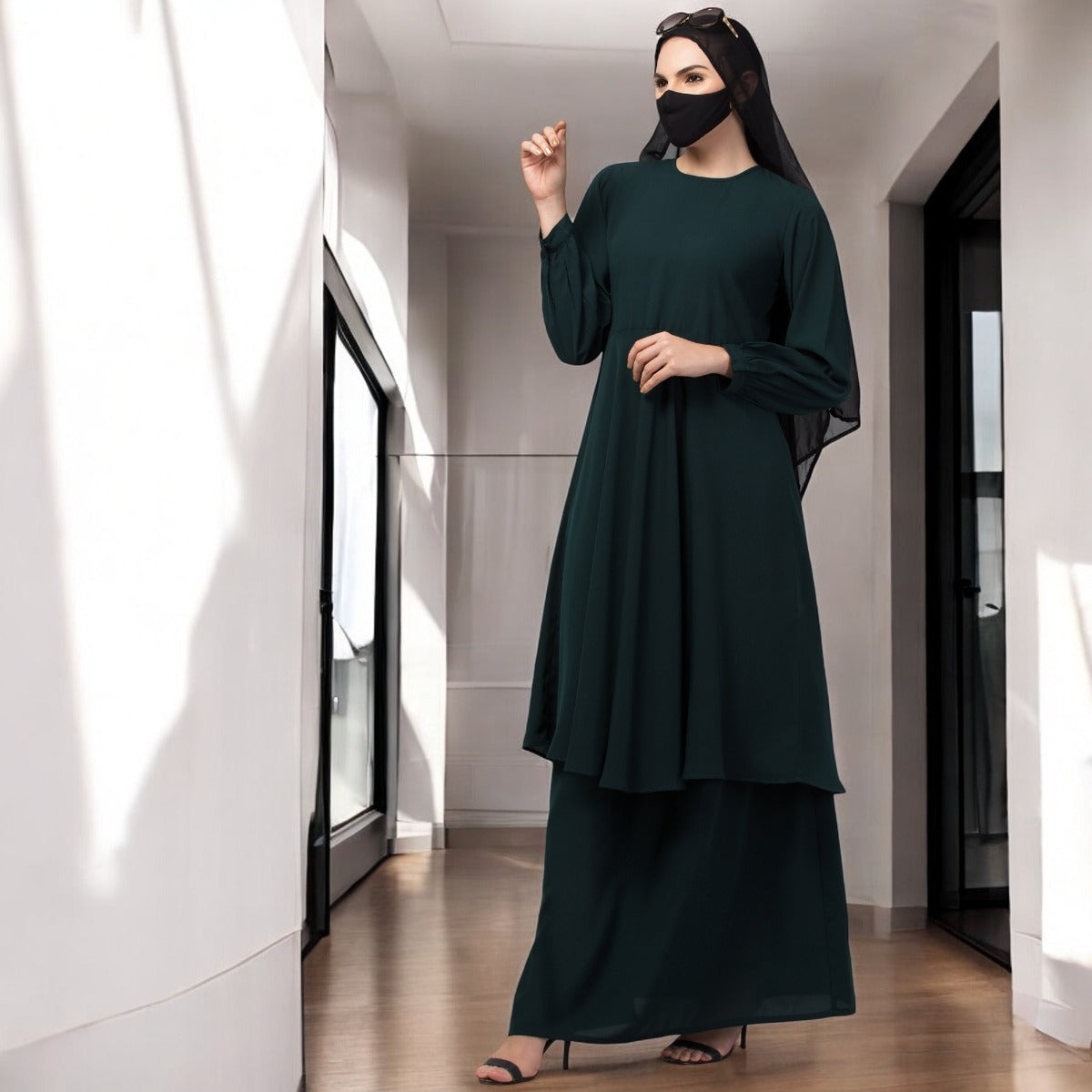 Modest Co-ord Set: Designer Loose Fit Top with Frills and Flared Skirt