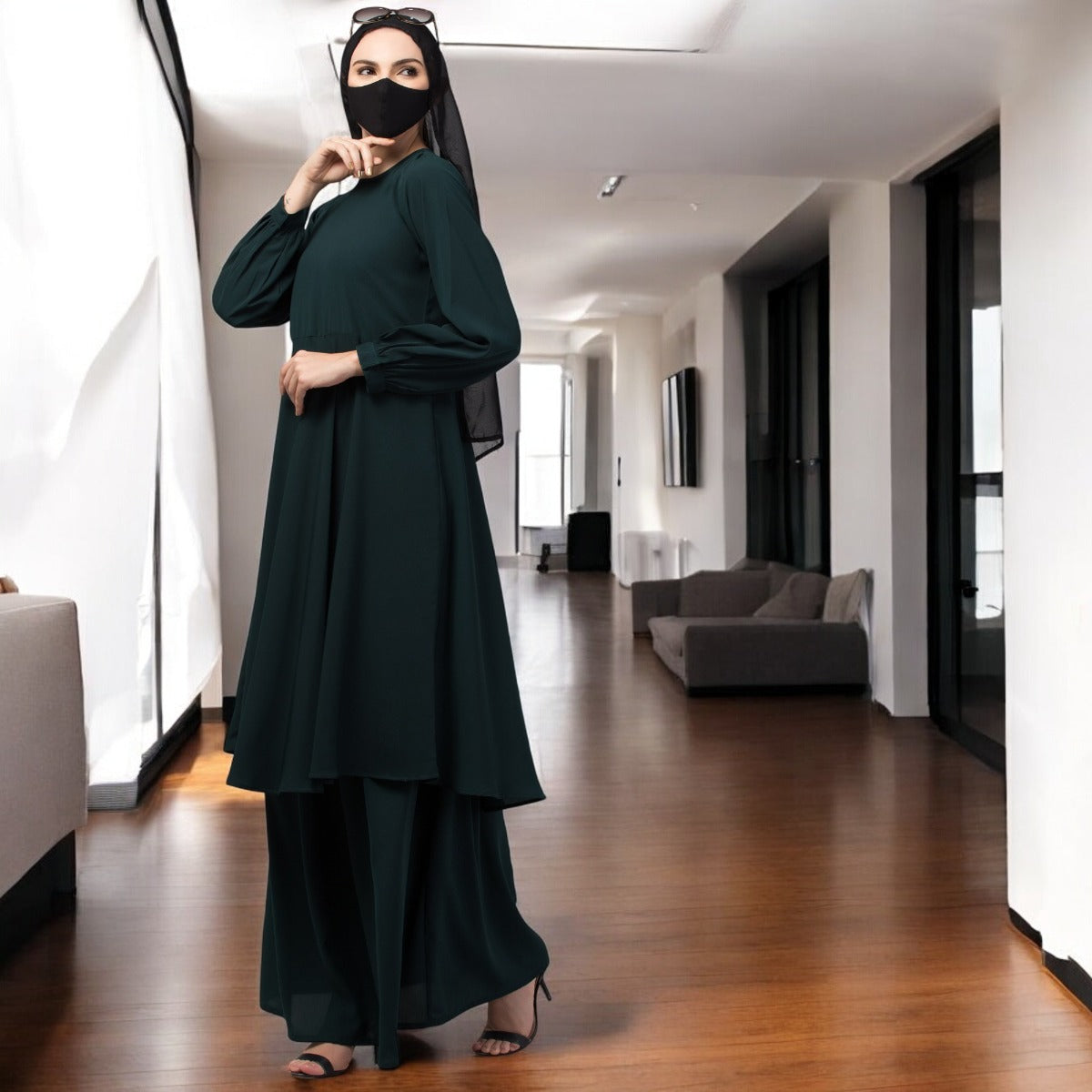 Modest Co-ord Set: Designer Loose Fit Top with Frills and Flared Skirt