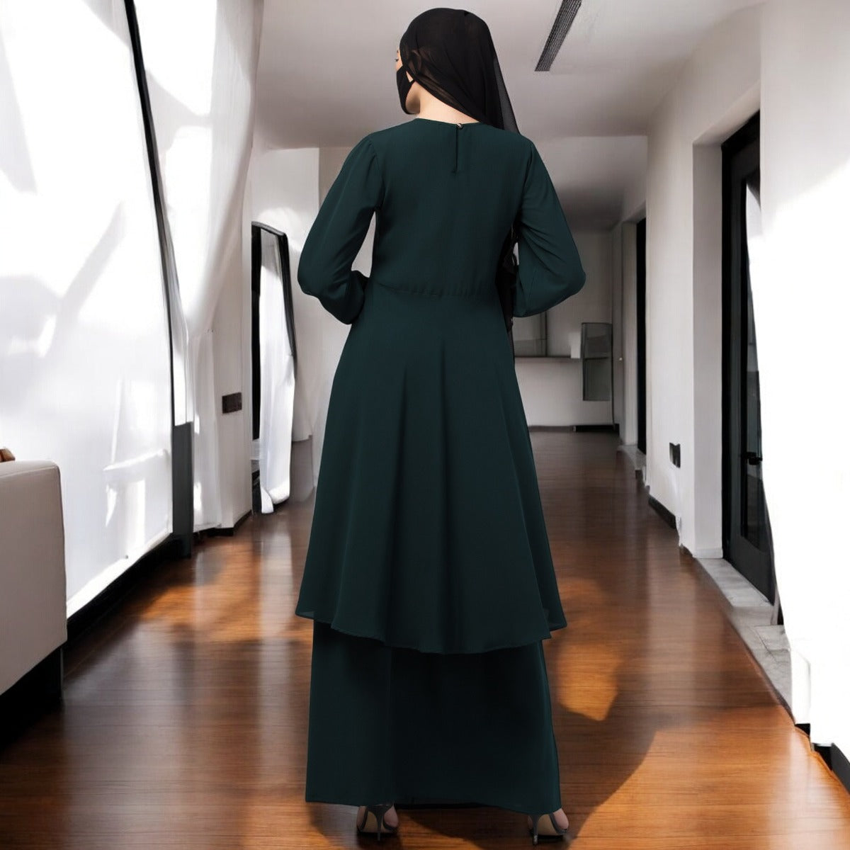 Modest Co-ord Set: Designer Loose Fit Top with Frills and Flared Skirt