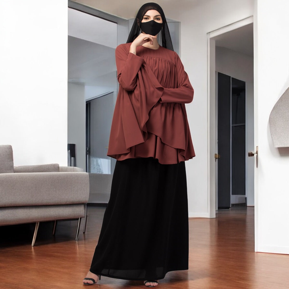 Modest Co-ord Set: Designer Loose Fit Top with Frills and Flared Skirt, Perfect for Students and Working Women
