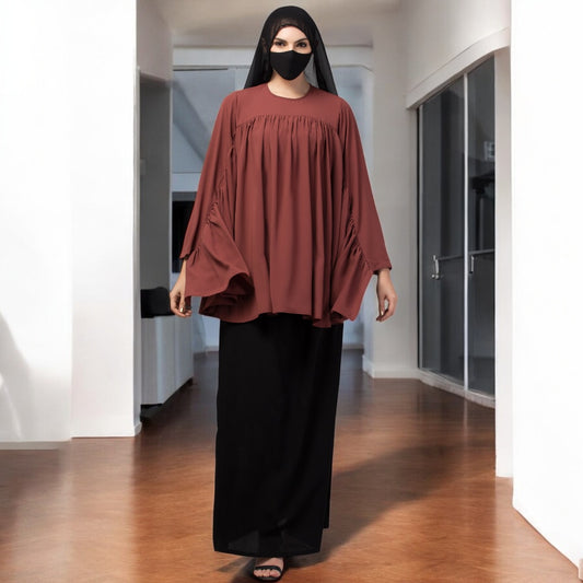 Modest Co-ord Set: Designer Loose Fit Top with Frills and Flared Skirt, Perfect for Students and Working Women