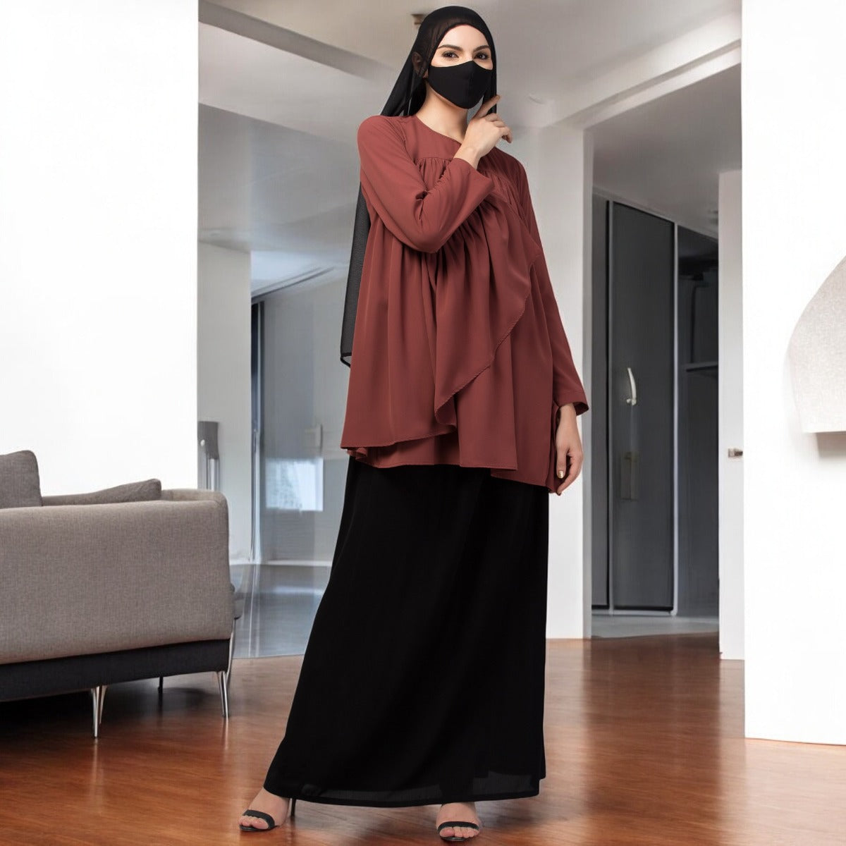 Modest Co-ord Set: Designer Loose Fit Top with Frills and Flared Skirt, Perfect for Students and Working Women