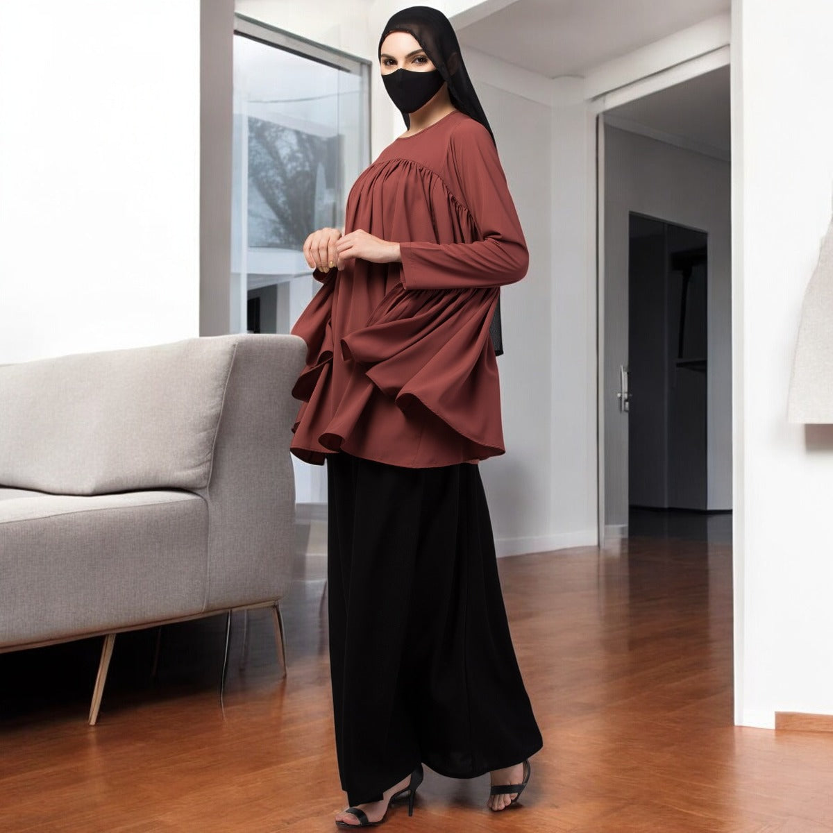 Modest Co-ord Set: Designer Loose Fit Top with Frills and Flared Skirt, Perfect for Students and Working Women