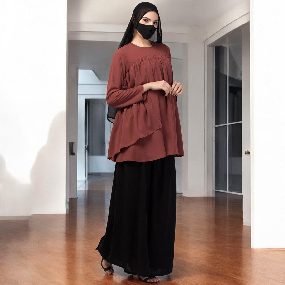 Modest Co-ord Set: Designer Loose Fit Top with Frills and Flared Skirt, Perfect for Students and Working Women