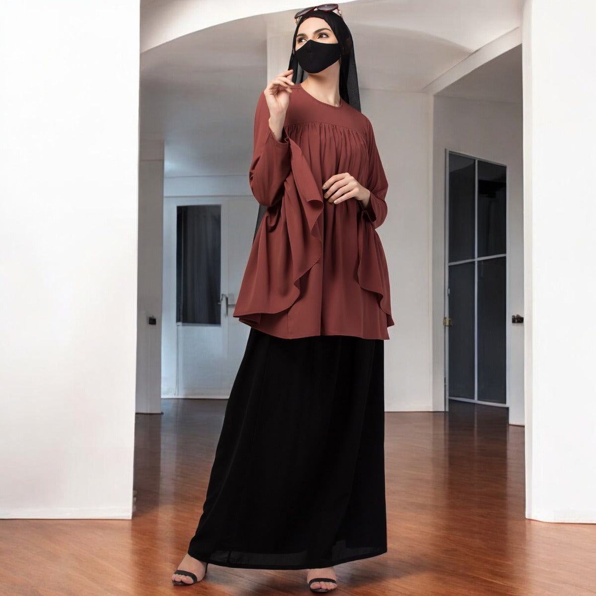 Modest Co-ord Set: Designer Loose Fit Top with Frills and Flared Skirt, Perfect for Students and Working Women