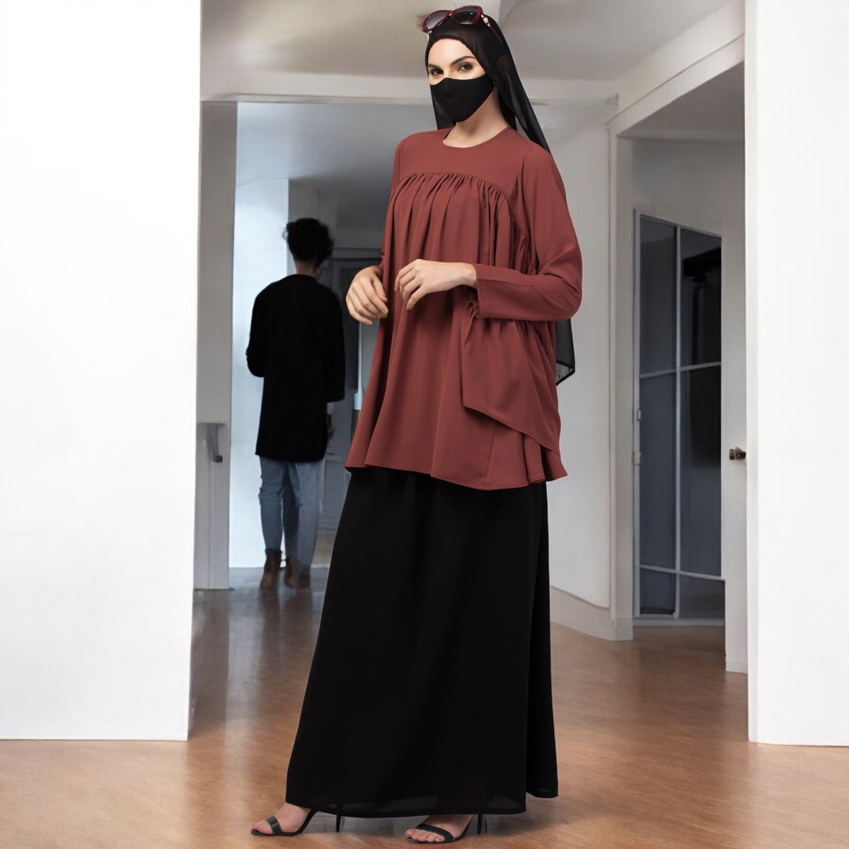 Modest Co-ord Set: Designer Loose Fit Top with Frills and Flared Skirt, Perfect for Students and Working Women