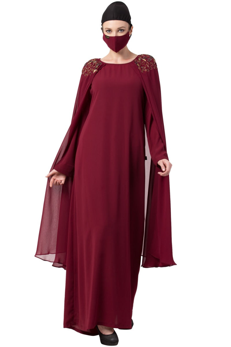 Embroidered Bridal Abaya with Detachable Cape and Hijab | Royal Wedding Dress with Heavy Embellishments