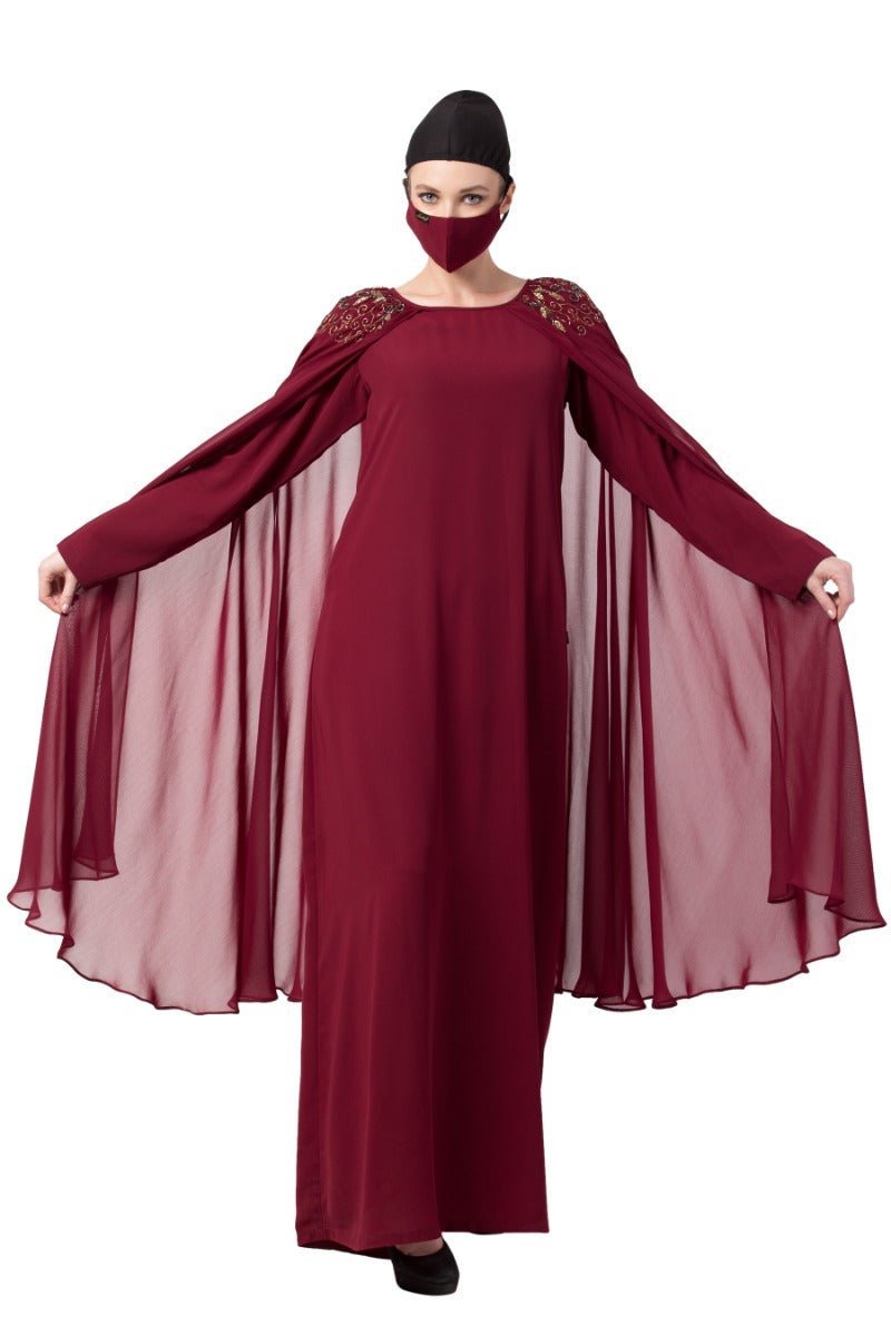 Embroidered Bridal Abaya with Detachable Cape and Hijab | Royal Wedding Dress with Heavy Embellishments