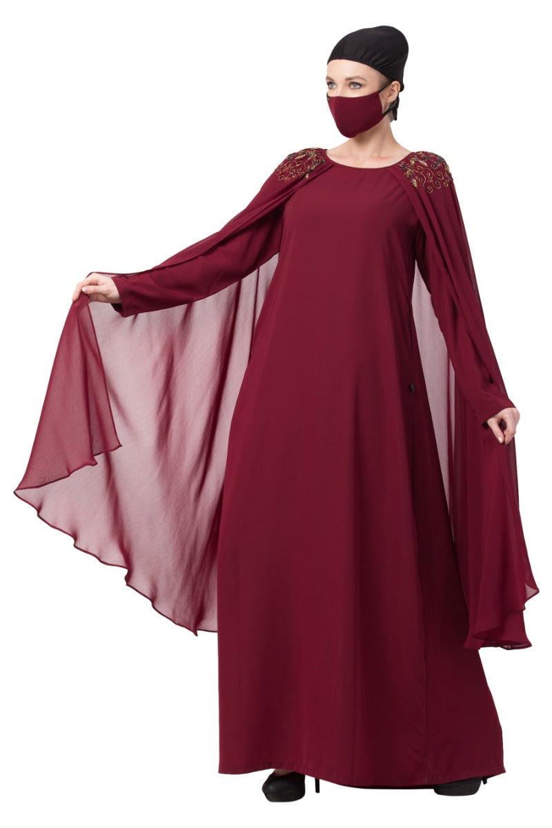 Embroidered Bridal Abaya with Detachable Cape and Hijab | Royal Wedding Dress with Heavy Embellishments