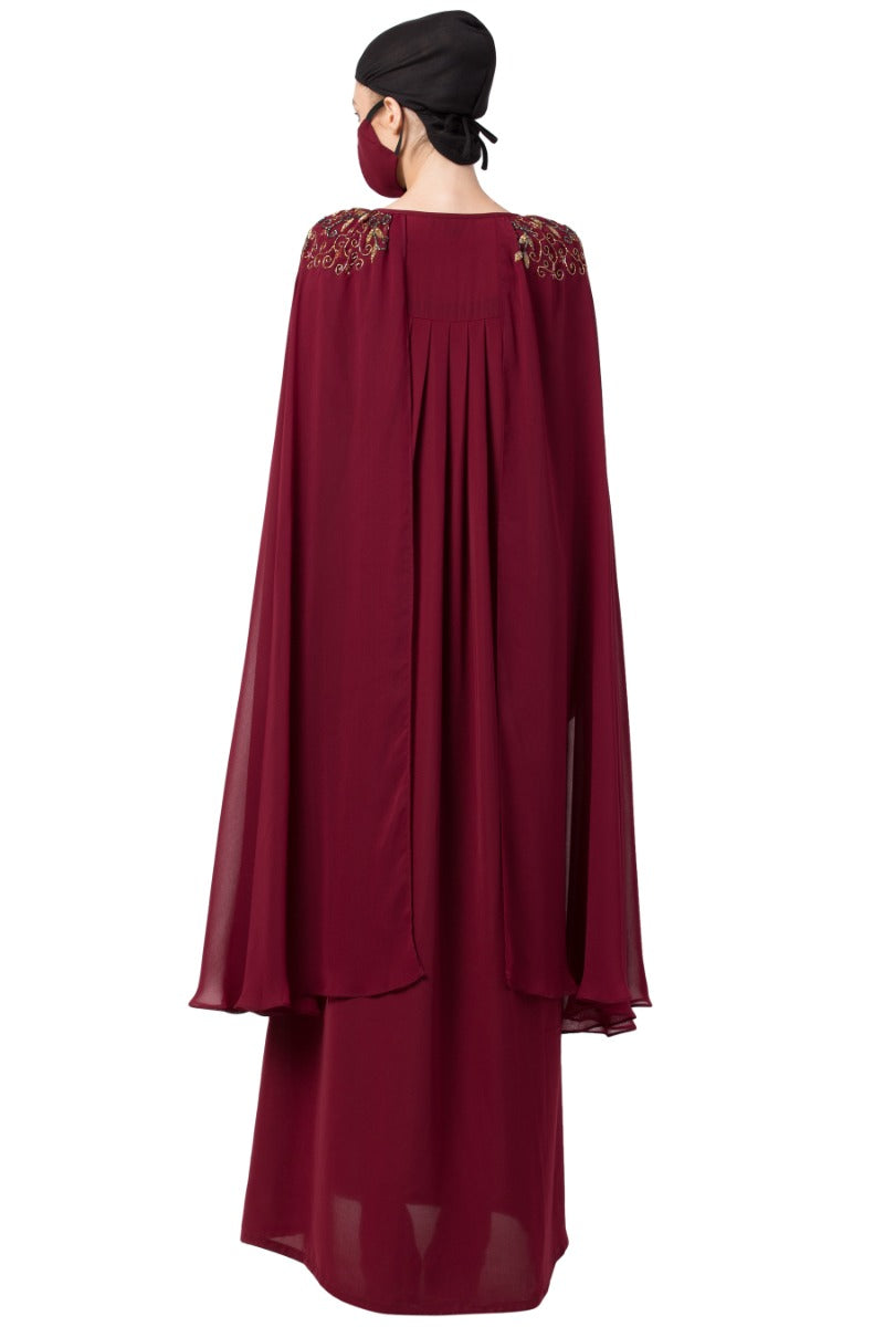 Embroidered Bridal Abaya with Detachable Cape and Hijab | Royal Wedding Dress with Heavy Embellishments