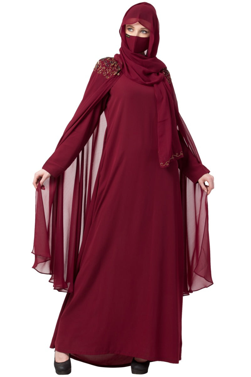 Embroidered Bridal Abaya with Detachable Cape and Hijab | Royal Wedding Dress with Heavy Embellishments