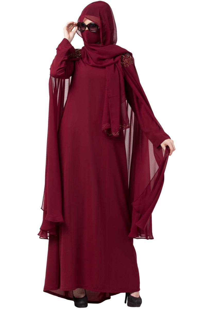 Embroidered Bridal Abaya with Detachable Cape and Hijab | Royal Wedding Dress with Heavy Embellishments