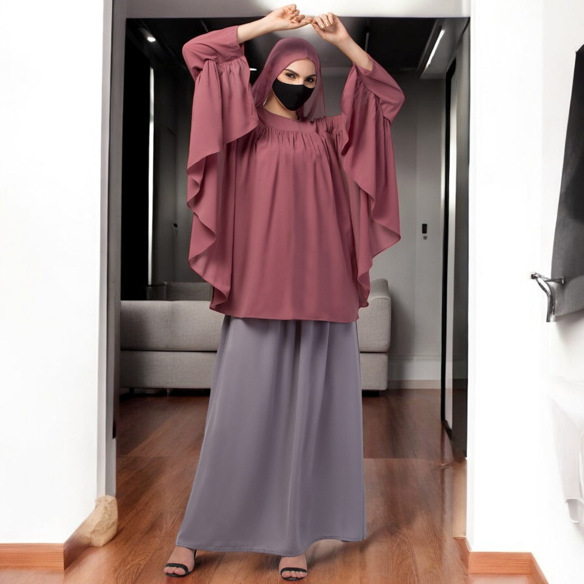 Modest Co-ord Set: Designer Loose Fit Top with Frills and Flared Skirt, Perfect for Students and Working Women