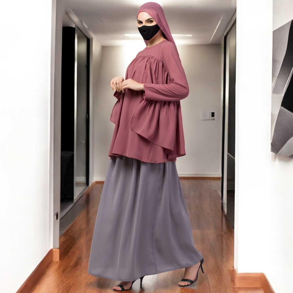 Modest Co-ord Set: Designer Loose Fit Top with Frills and Flared Skirt, Perfect for Students and Working Women