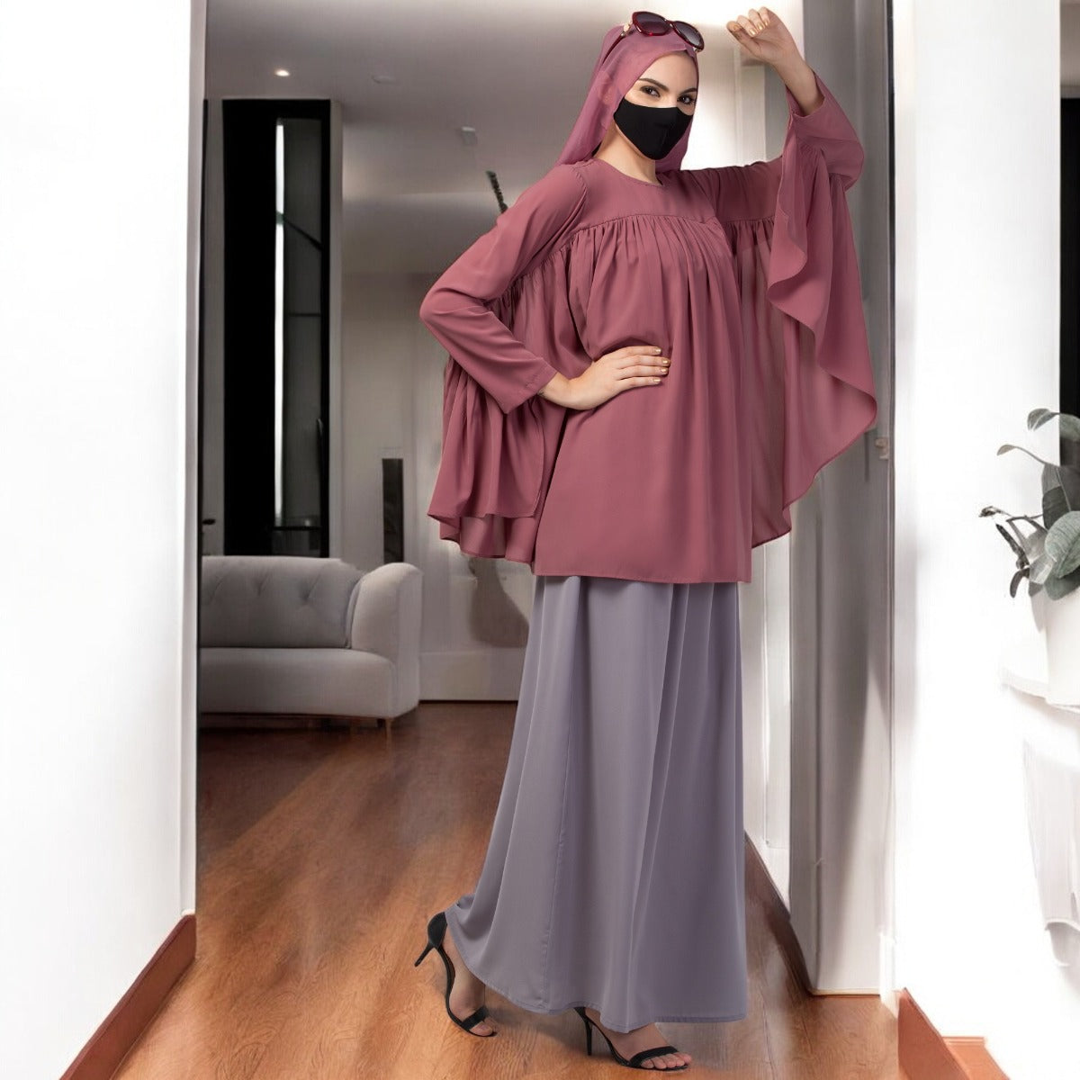 Modest Co-ord Set: Designer Loose Fit Top with Frills and Flared Skirt, Perfect for Students and Working Women