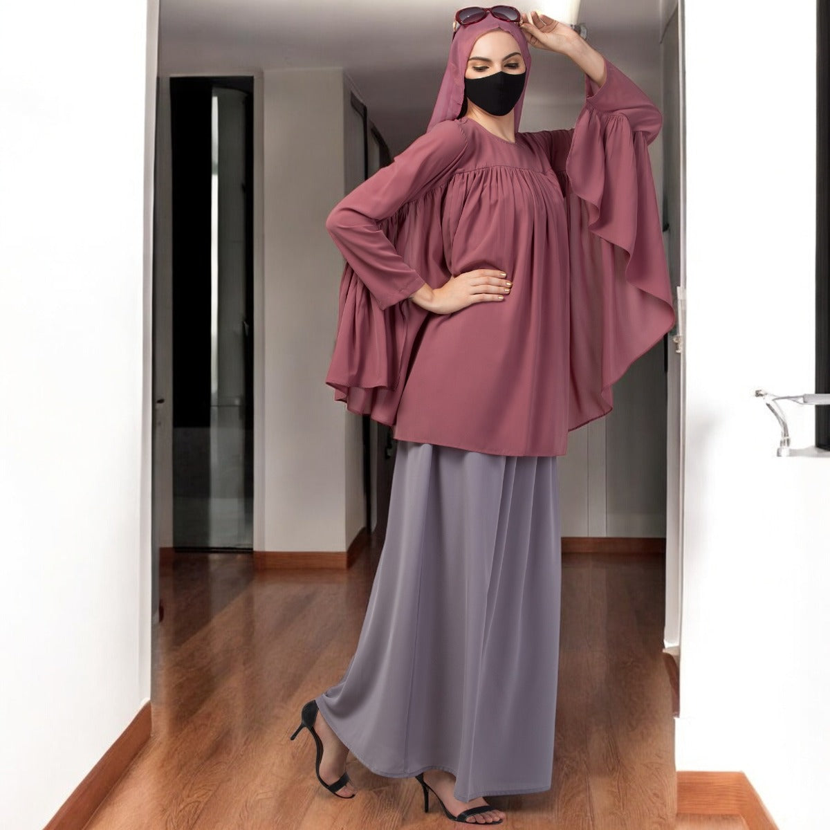 Modest Co-ord Set: Designer Loose Fit Top with Frills and Flared Skirt, Perfect for Students and Working Women
