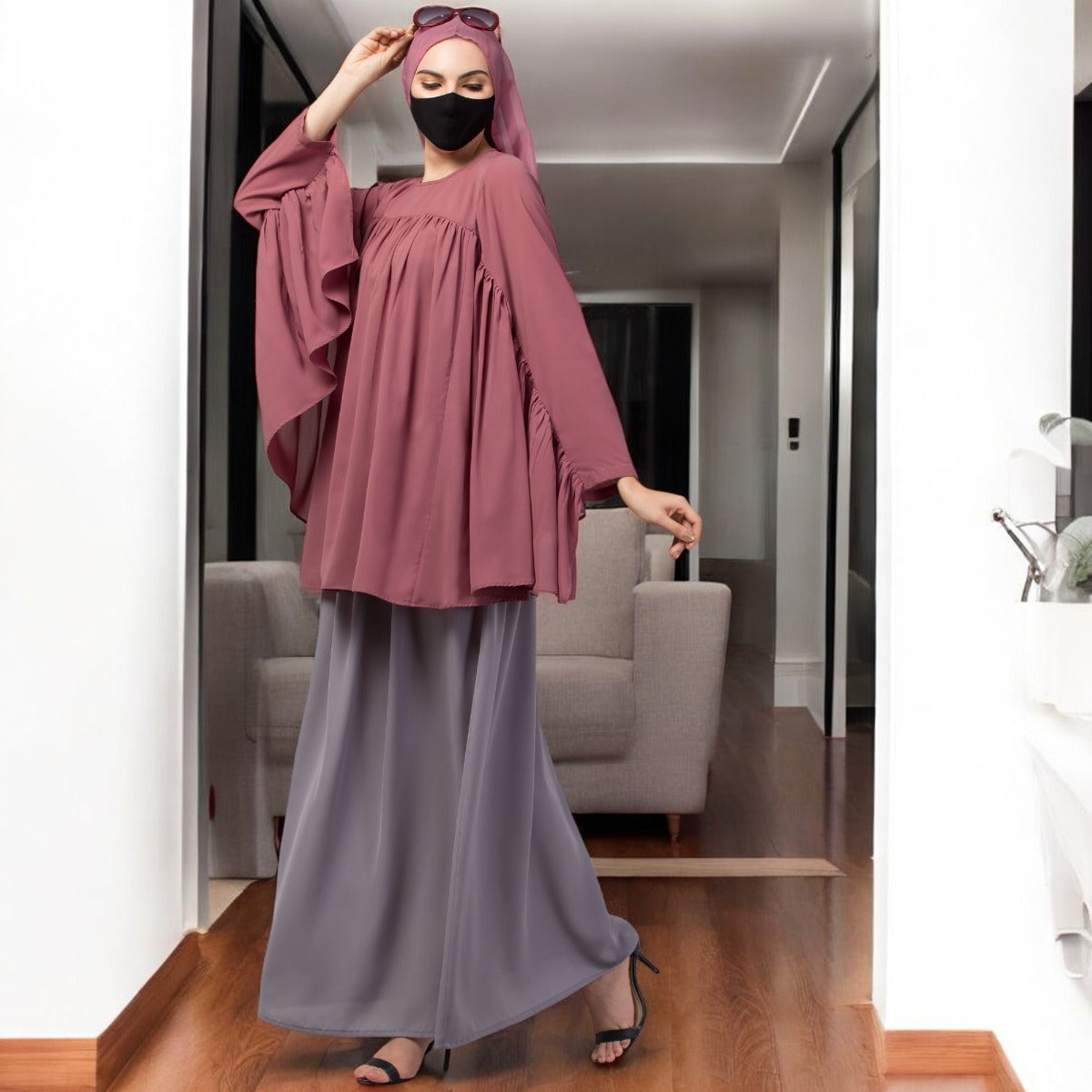 Modest Co-ord Set: Designer Loose Fit Top with Frills and Flared Skirt, Perfect for Students and Working Women