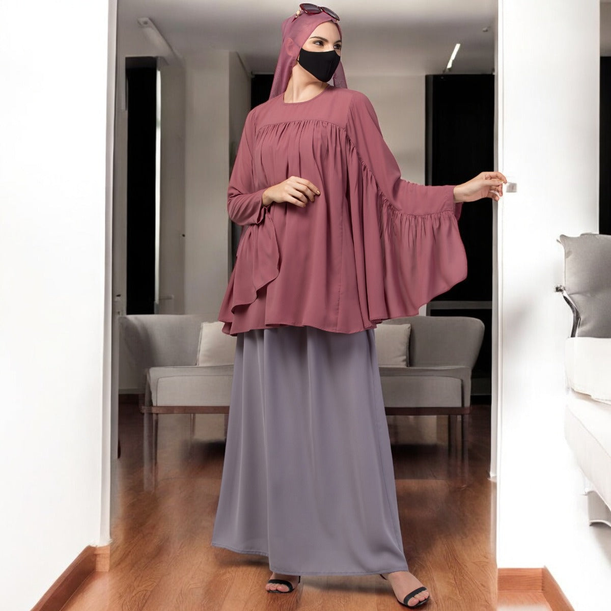 Modest Co-ord Set: Designer Loose Fit Top with Frills and Flared Skirt, Perfect for Students and Working Women