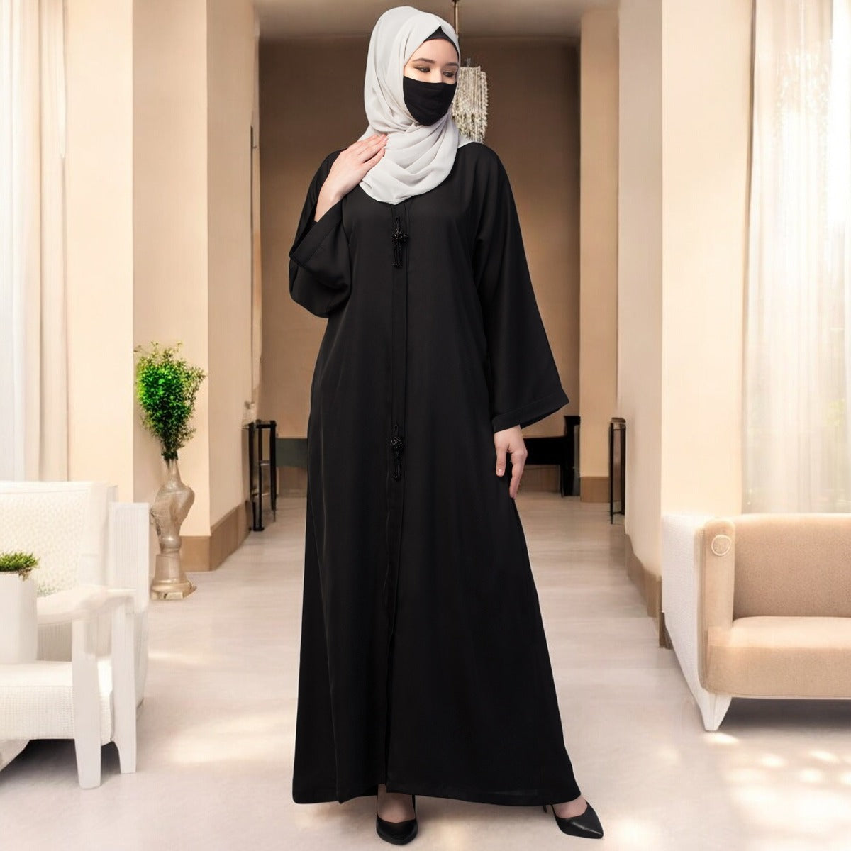 Front Open Abaya In Premium Praada Fabric With Embellished Tassels