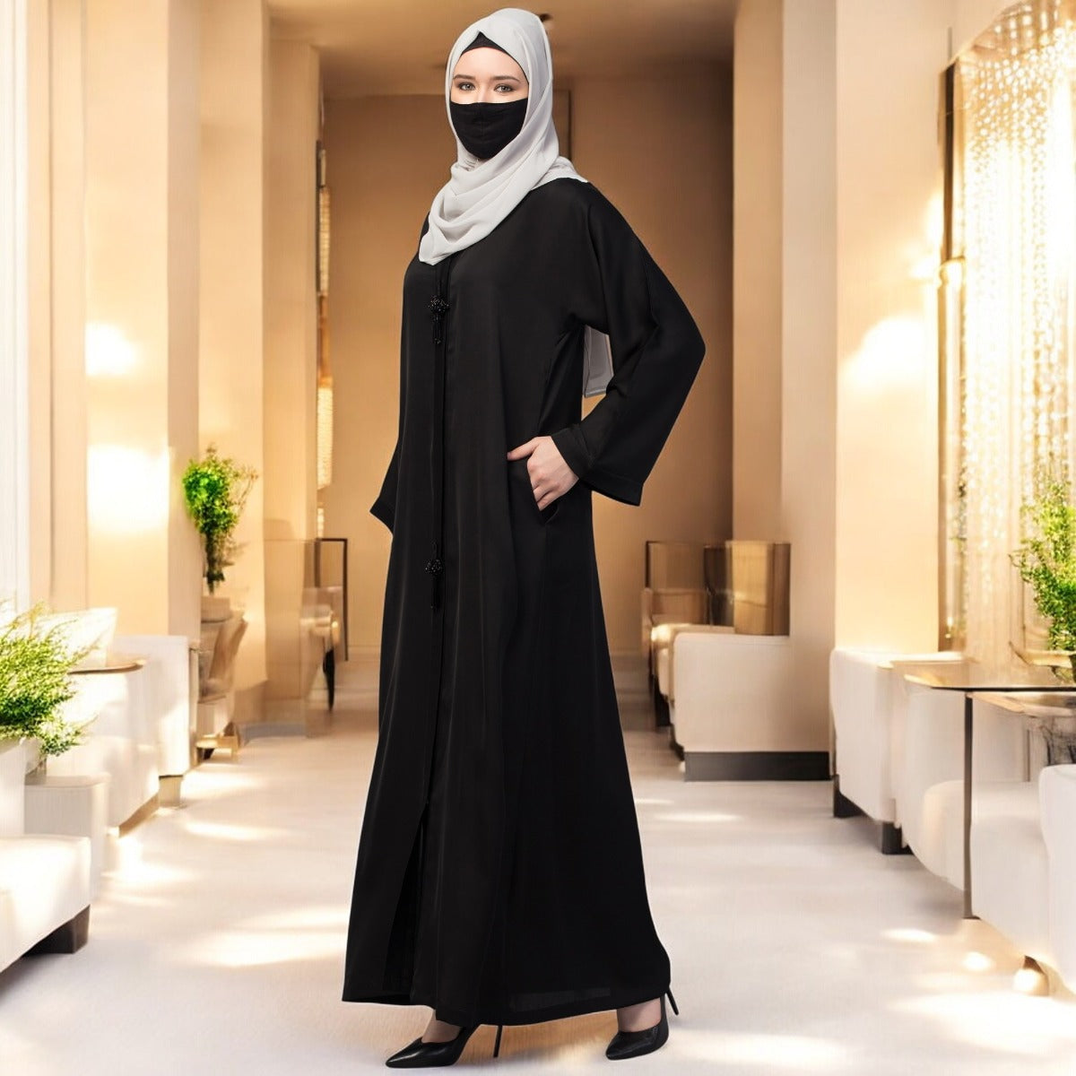 Front Open Abaya In Premium Praada Fabric With Embellished Tassels